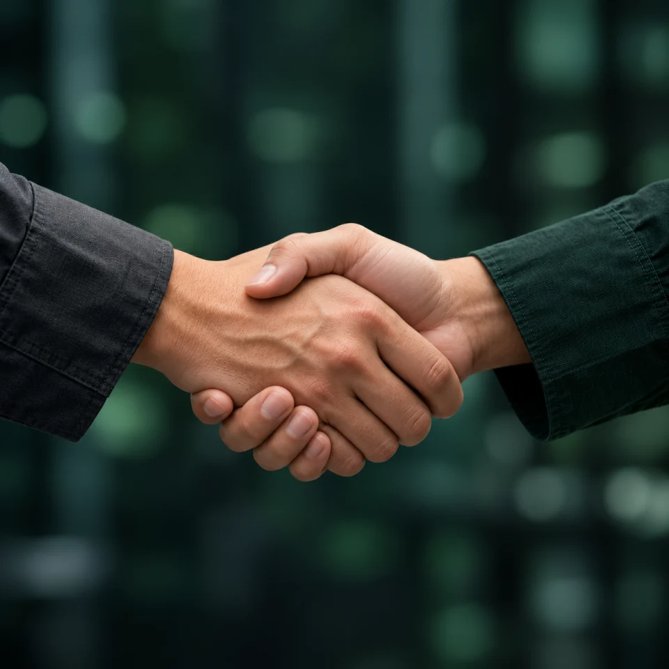 2人が片手ずつ握手し、人と人のつながりを表すイメージ