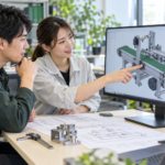 3D CADを見ながら機械設計の打ち合わせをするイメージ